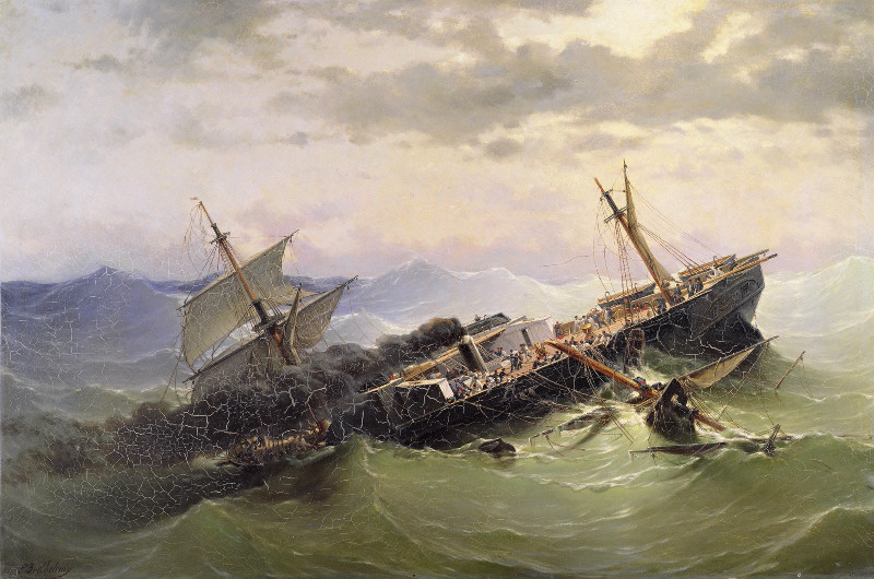 Le Naufrage du Vauban ; Le Vauban, vaisseau de transport désemparé de son grand mat pendant une violente tourmente ; Marine, Pierre Emile Berthélémy, 1864