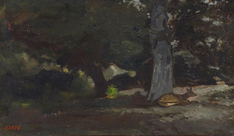 Biche couchée auprès d'un arbre ; Forêt de Fontainebleau avec biche (ancien titre à la vente Barye, Paris, 1876, n°72)_0