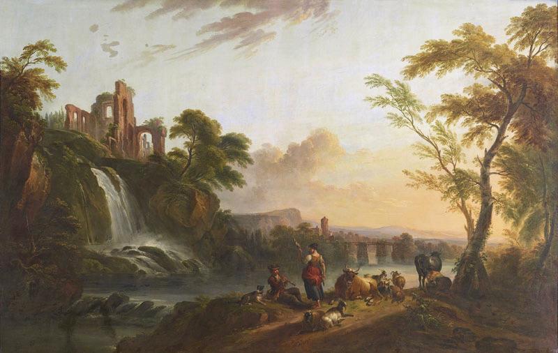 Le Soir ; Une Vue d'Italie au soleil couchant (autre titre), Jean-Baptiste Lallemand, 18e siècle