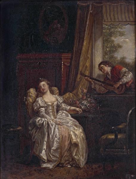 Jeune femme endormie dans un intérieur, tandis qu'un galant joue de la guitare sur le balcon (copie d'après Leprince) ; L'Amour à l'Espagnole (Titre de la gravure reproduisant le tableau), Jean-Baptiste Leprince, 2e moitié 18e siècle