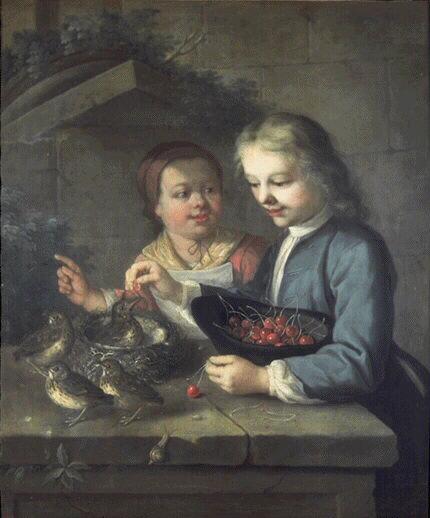 Enfants donnant des cerises à des moineaux ; La Becquée ; Un petit garçon et une petite fille donnant des cerises à des oiseaux_0