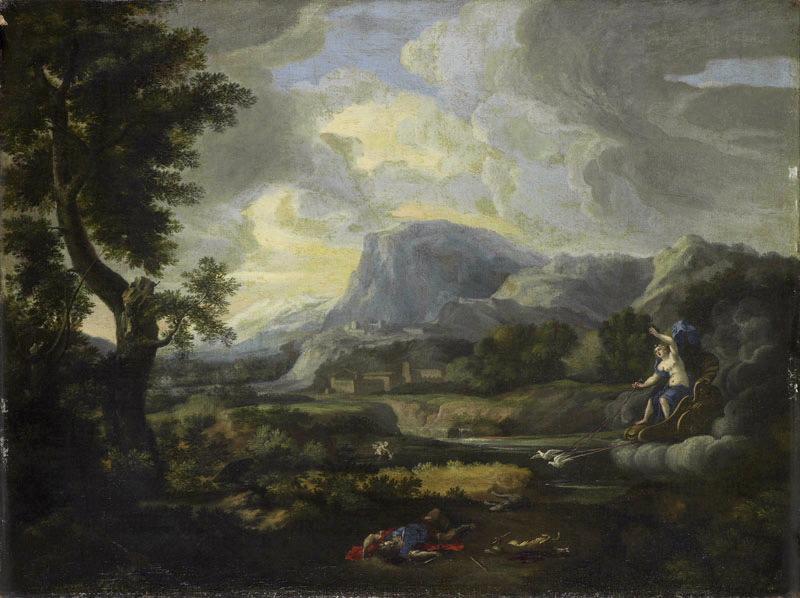 Paysage avec Diane découvrant la mort d'Ancaeus (Doute sur l'iconographie : Mort d'Ancaeus, d'Adonis, ou chasse du sanglier de Calydon), Gaspard Dughet, 17e siècle