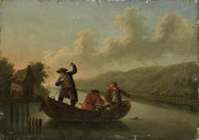 Paysage avec trois personnages dans une barque, effet du matin_0