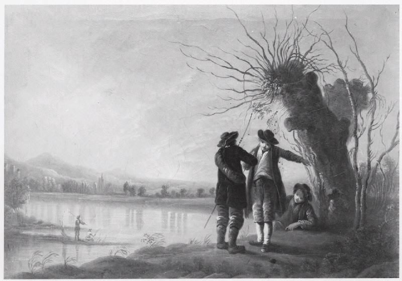 Paysage avec trois personnages au bord d'un lac, effet de soleil couchant_1