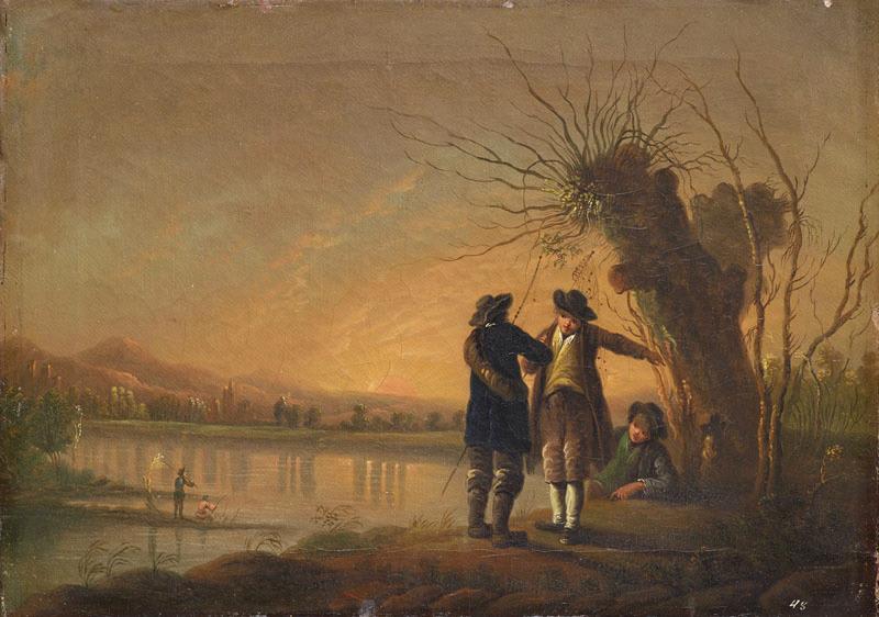 Paysage avec trois personnages au bord d'un lac, effet de soleil couchant_0