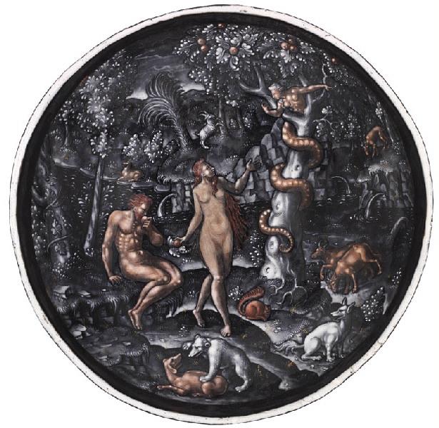 Adam et Eve dans le Paradis terrestre ; Décor de grotesques (au revers et sur le pied)_4