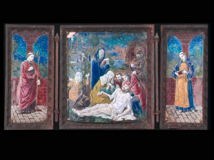 La Déploration du Christ ; Saint tenant une crosse ; Saint lisant un livre_0