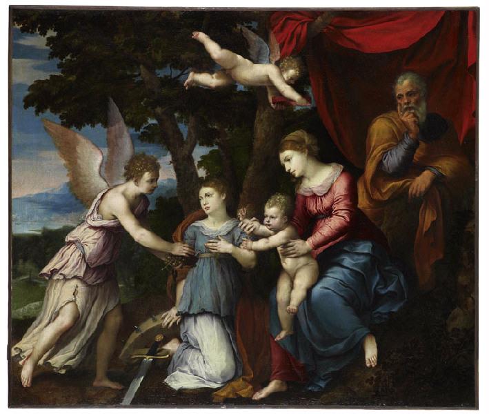 La Sainte Famille, sainte Catherine et un ange, Girolamo Da Carpi, 16e siècle
