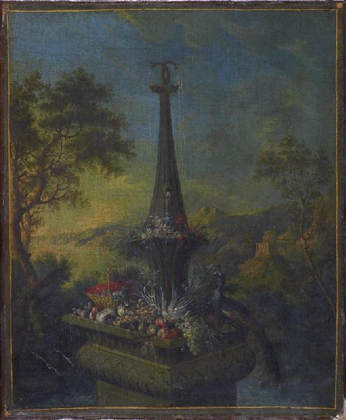 Fontaine dans un paysage : paon, fleurs et fruits_0