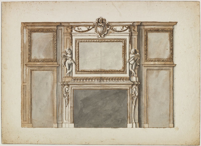 Cheminée avec panneau rectangulaire flanqué de deux putti (Titre attribué), Jean Dubois, 2e moitié 17e siècle