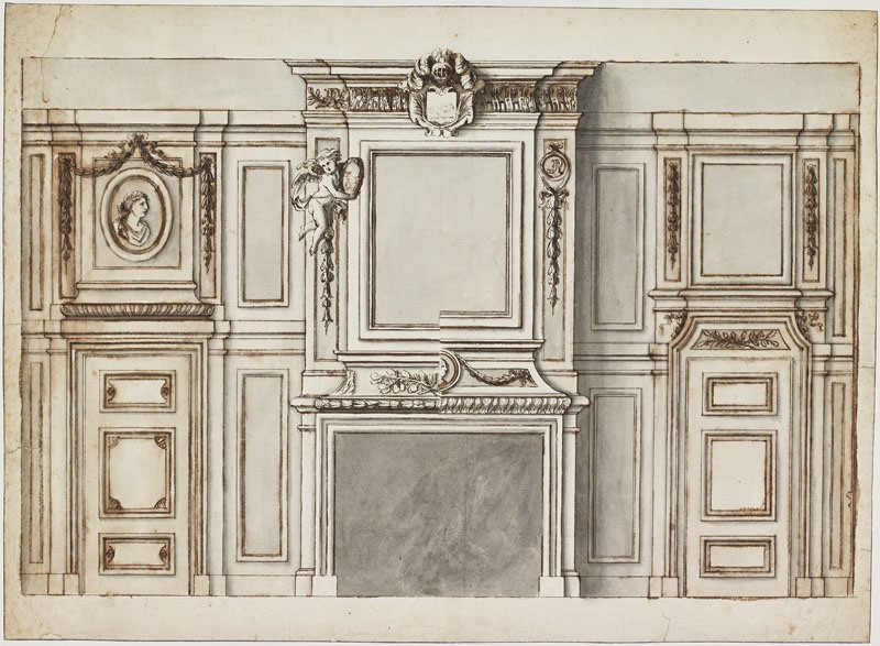 Cheminée avec panneau rectangulaire, flanquée de portes à gauche et à droite (Titre attribué)_0