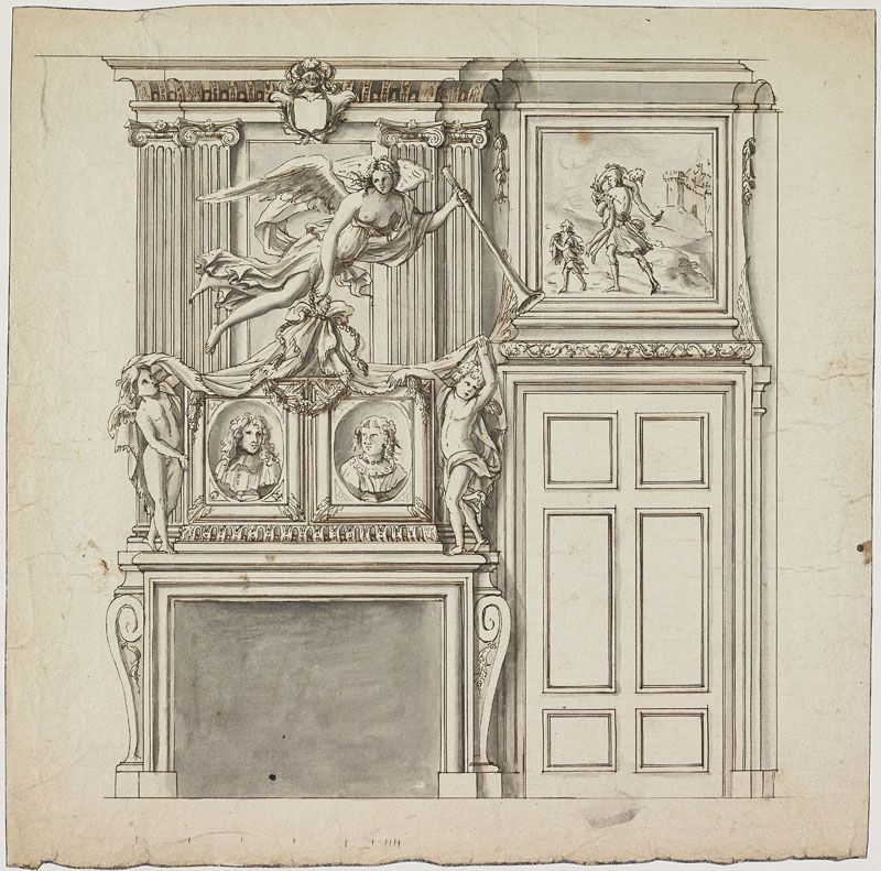 Cheminée avec une Renommée survolant deux époux en médaillons (Titre attribué), Jean Dubois, 2e moitié 17e siècle