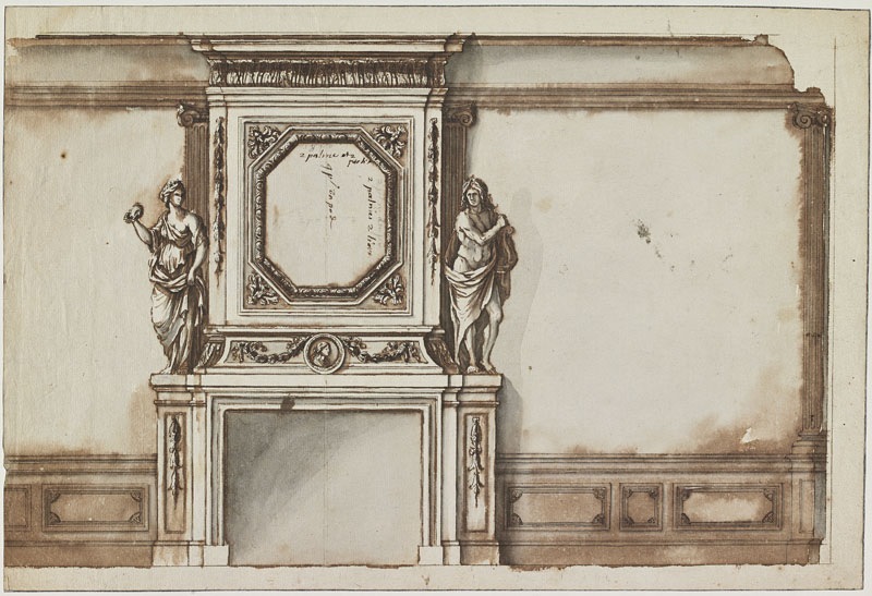Cheminée avec panneau octogonal flanqué de Flore et Apollon, Jean Dubois, 2e moitié 17e siècle