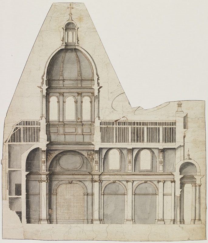Coupe longitudinale du projet de l'église du Couvent de la Visitation de Dijon (Titre attribué) ; Eglise vue en coupe, Jean Dubois, 2e moitié 17e siècle