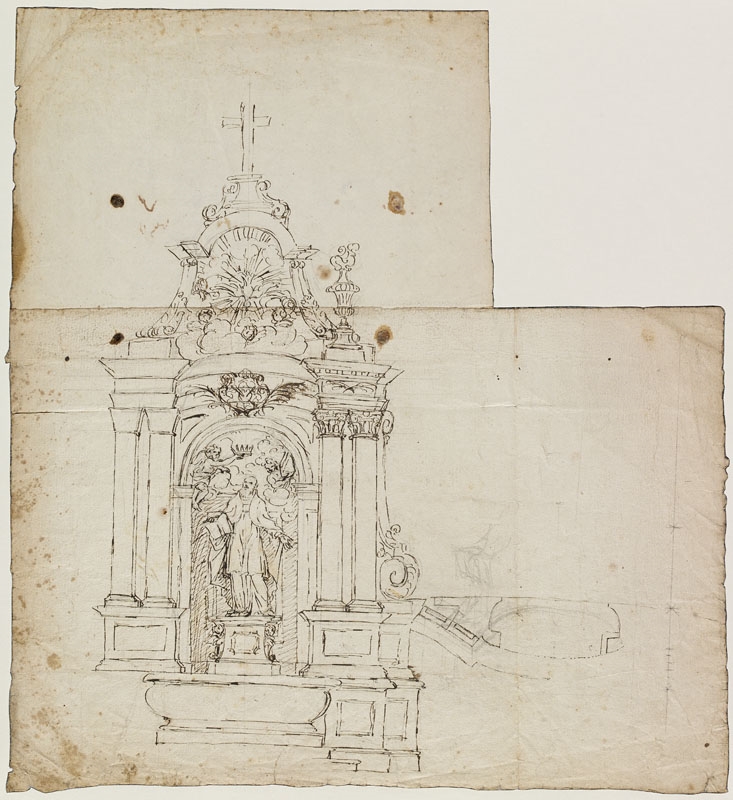 Autel avec un saint couronné (Titre attribué) ; Autel monumental dédié à saint François de Sales (Titre attribué) ; Projets de cheminées, Jean Dubois, 2e moitié 17e siècle