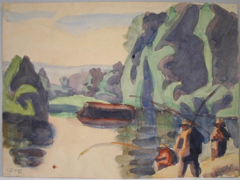 Paysage aux pêcheurs à la ligne, Jules Emile Zingg, 1er quart 20e siècle