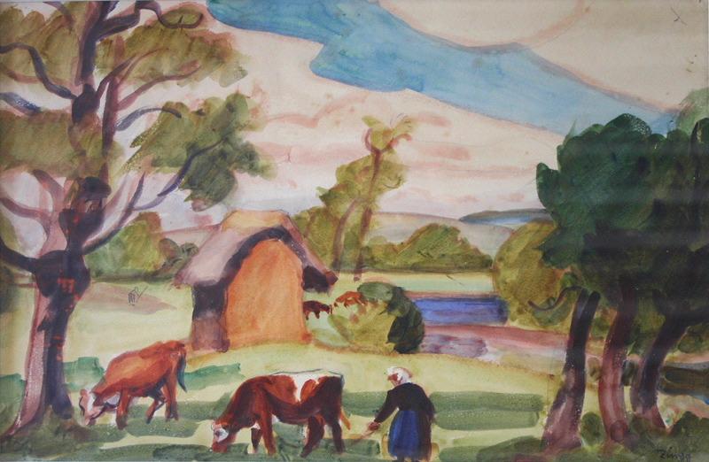 Scène champêtre (femme dans un pré aux côté de vaches), Jules Emile Zingg, 1ère moitié 20e siècle