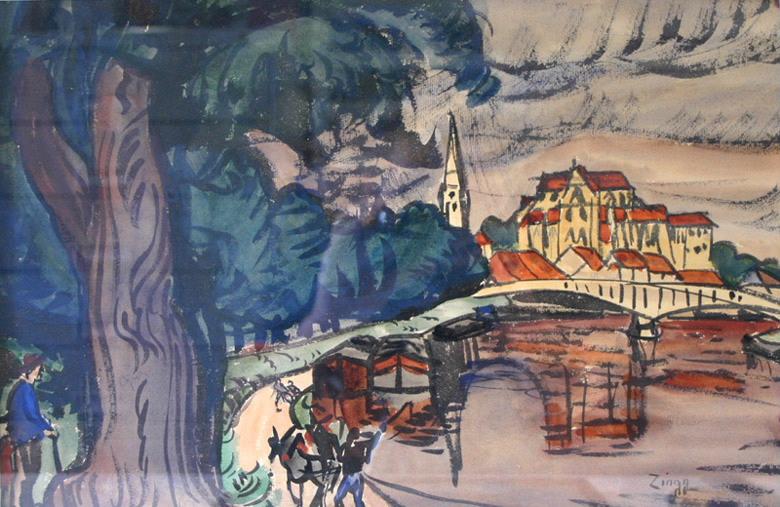 Vue d'Auxerre (présence du pont et du chemin de halage), Jules Emile Zingg, 1ère moitié 20e siècle
