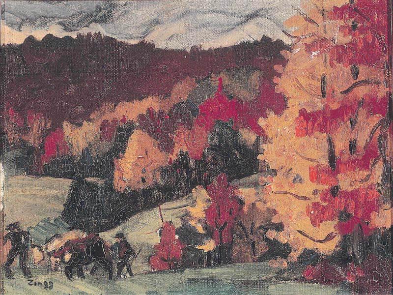Paysage d'automne (arbres et personnages), Jules Emile Zingg, 1ère moitié 20e siècle
