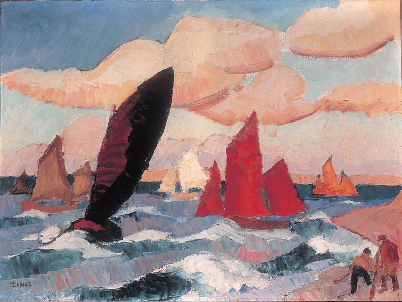 Marine à la clarté (voiliers sur la mer), Jules Emile Zingg, 1918