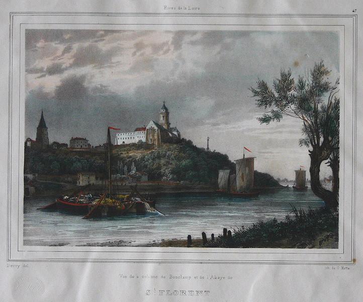 Rives de la Loire : Vue de la colonne de Bonchamp et de l'Abbaye de Saint-Florent, Charles Etienne Pierre Motte, 1836