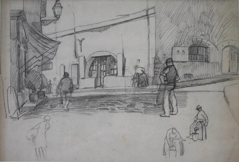 Nevers, la rue des Boucheries (au revers du dessin, étude de deux paysans), Fernand Chalandre, 1er quart 20e siècle