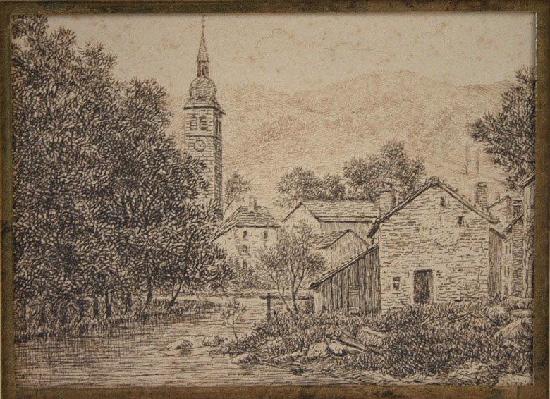 Docelles (Vosges) (village avec église, cours d'eau au premier plan), Edmond Marie Petitjean, 1ère moitié 20e siècle