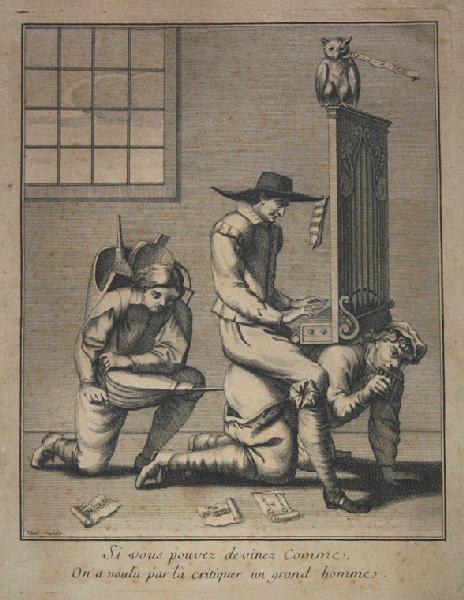 Scène grotesque avec trois hommes : 'Si vous pouvez deviner comme on a voulu par là critiquer un grand homme', 18e siècle