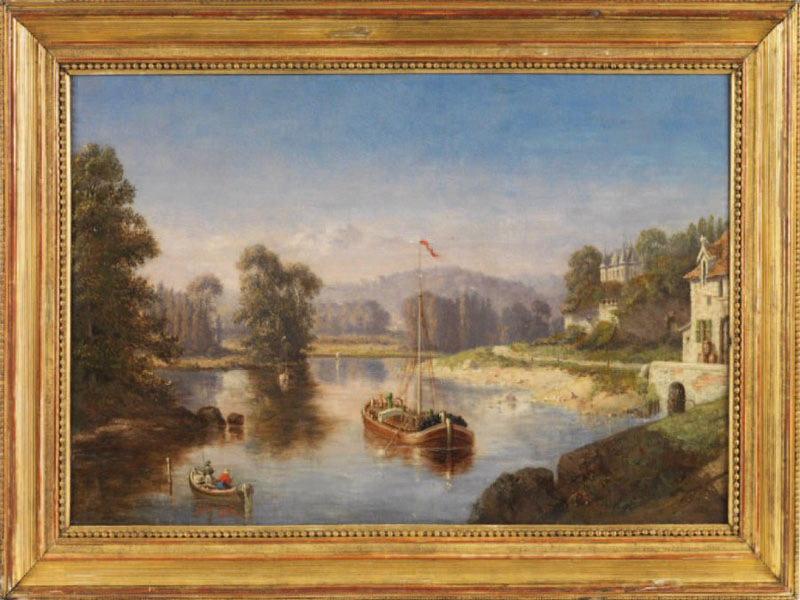 Paysage avec gabare et pêcheurs