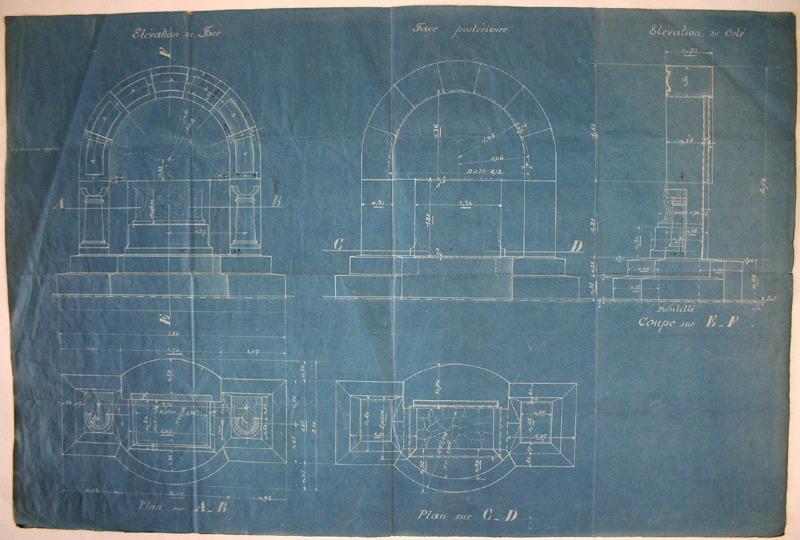 Plan et coupes pour le monument aux morts d'Issy-les-Moulineaux (une palme est esquissée au revers), 1918-1925