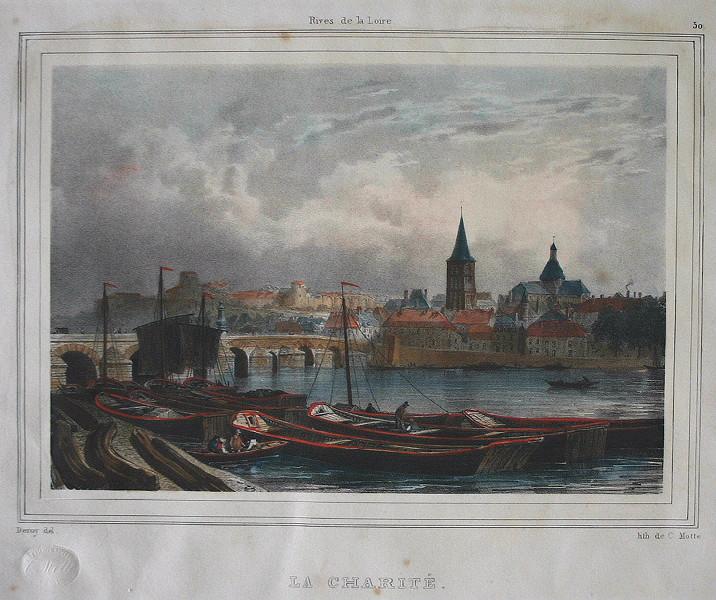 Rives de la Loire : Vue de La Charité-sur-Loire (bateaux au premier plan) — Charles Étienne Pierre Motte