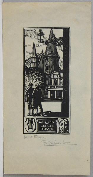 Ex libris : deux soldats américains devant le palais ducal de Nevers (ex-libris de Leah H Thayer), Fernand Chalandre, 1914-1920