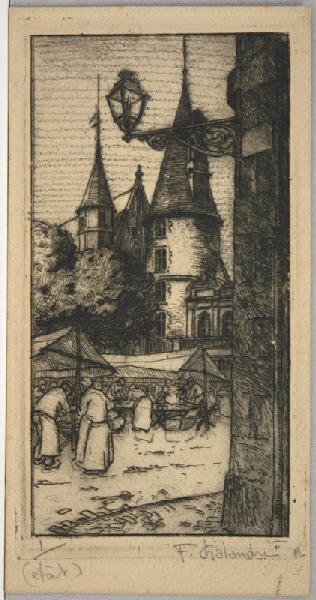 Le marché, place des Reines de Pologne, Nevers (autre estampe au revers), Fernand Chalandre, 1er quart 20e siècle