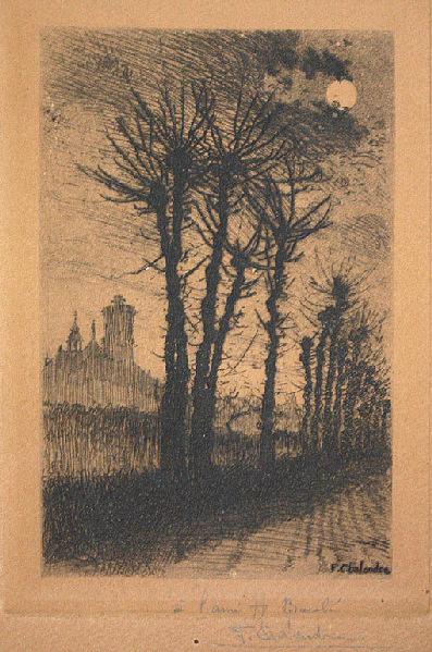Lever de lune sur la cathédrale de Nevers, Fernand Chalandre, 1er quart 20e siècle