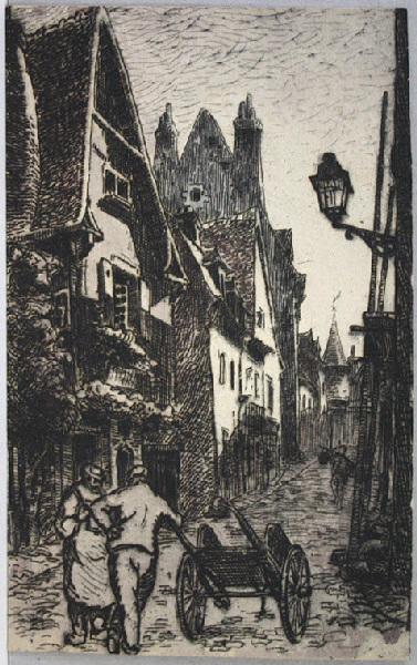 La rue de la Parcheminerie à Nevers (esquisse au crayon du palais ducal, au revers), Fernand Chalandre, 1er quart 20e siècle