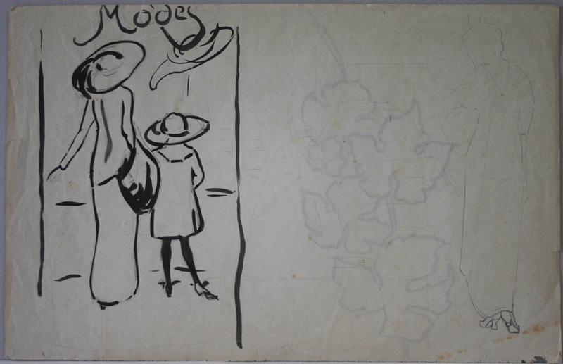 Femme et fillette regardant une devanture (recto), feuilles de vigne (verso), Fernand Chalandre, 1er quart 20e siècle