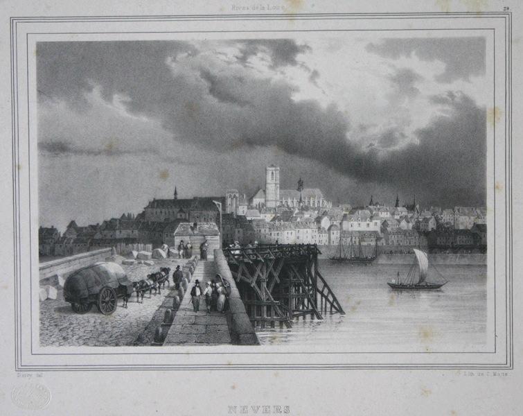 Rives de la Loire : Vue de Nevers ; Le pont de Loire à Nevers (autre titre), Charles Etienne Pierre Motte, 1836