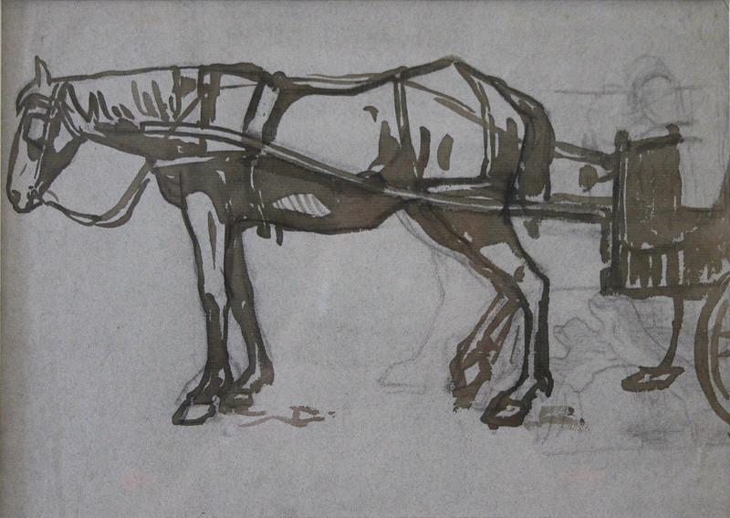 Cheval attelé ; au revers du dessin, scène de cabaret au fusain, Fernand Chalandre, 1er quart 20e siècle