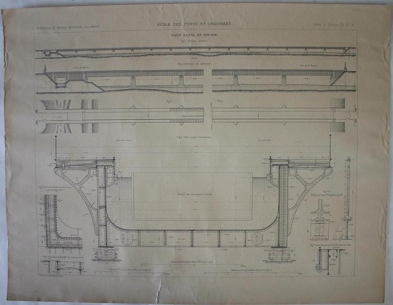 Plan du pont-canal de Briare (plans, élévations, coupes gravés et tirés de dessins des Ponts et Chaussées), A Simon, 1ère moitié 20e siècle