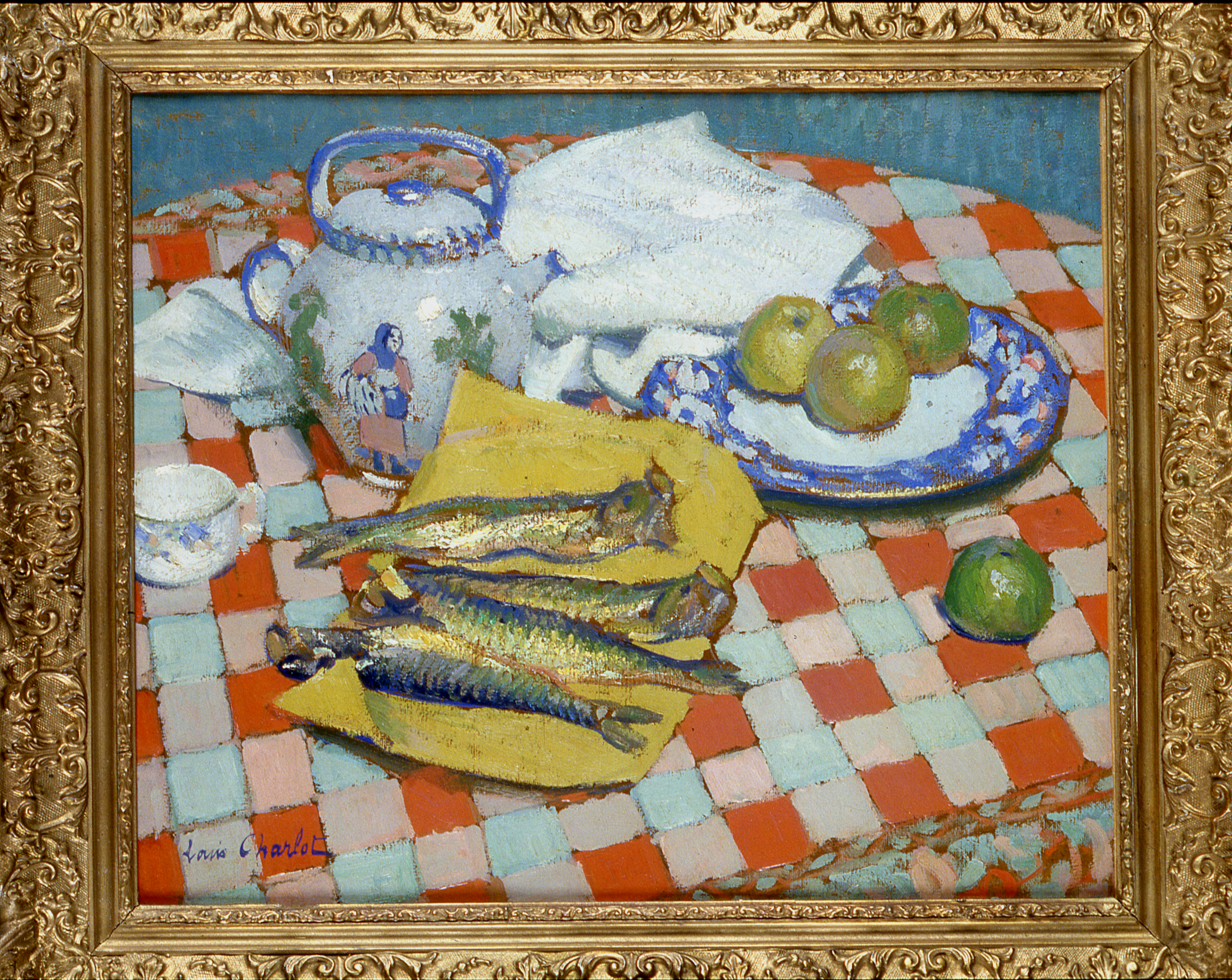 Nature morte à la chevrette de Charolles et aux harengs saurs, Louis Charlot, 1ère moitié 20e siècle