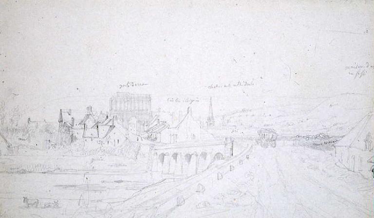 Vue du faubourg et de la porte d'Arroux à Autun, Emile Sagot, 19e siècle
