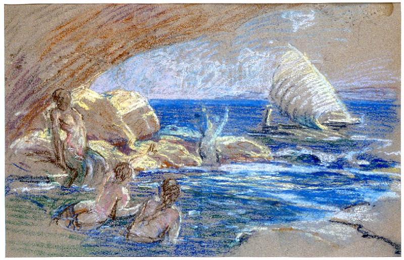 La grotte des Océanides (ou Les Sirènes, étude pour La Grotte des Océanides destinée à l'illustration 'Poèmes de la mer' d'Autran.), Etienne de Martenne, 4e quart 19e siècle, 1er quart 20e siècle