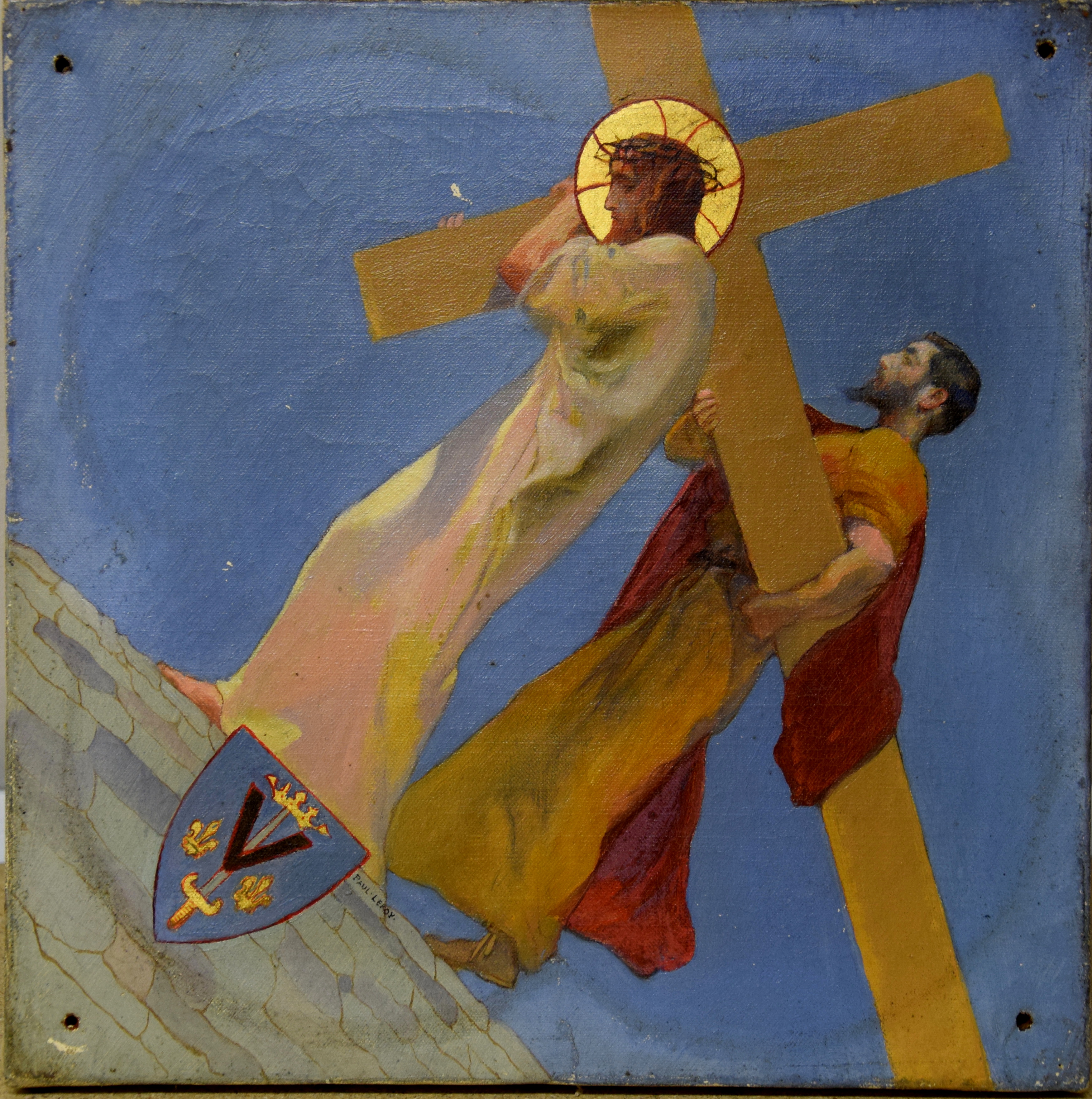 Chemin de croix 5e station : Simon le Cyrénéen aide Jésus à porter la croix, Paul Alexandre Alfred Leroy, 1915