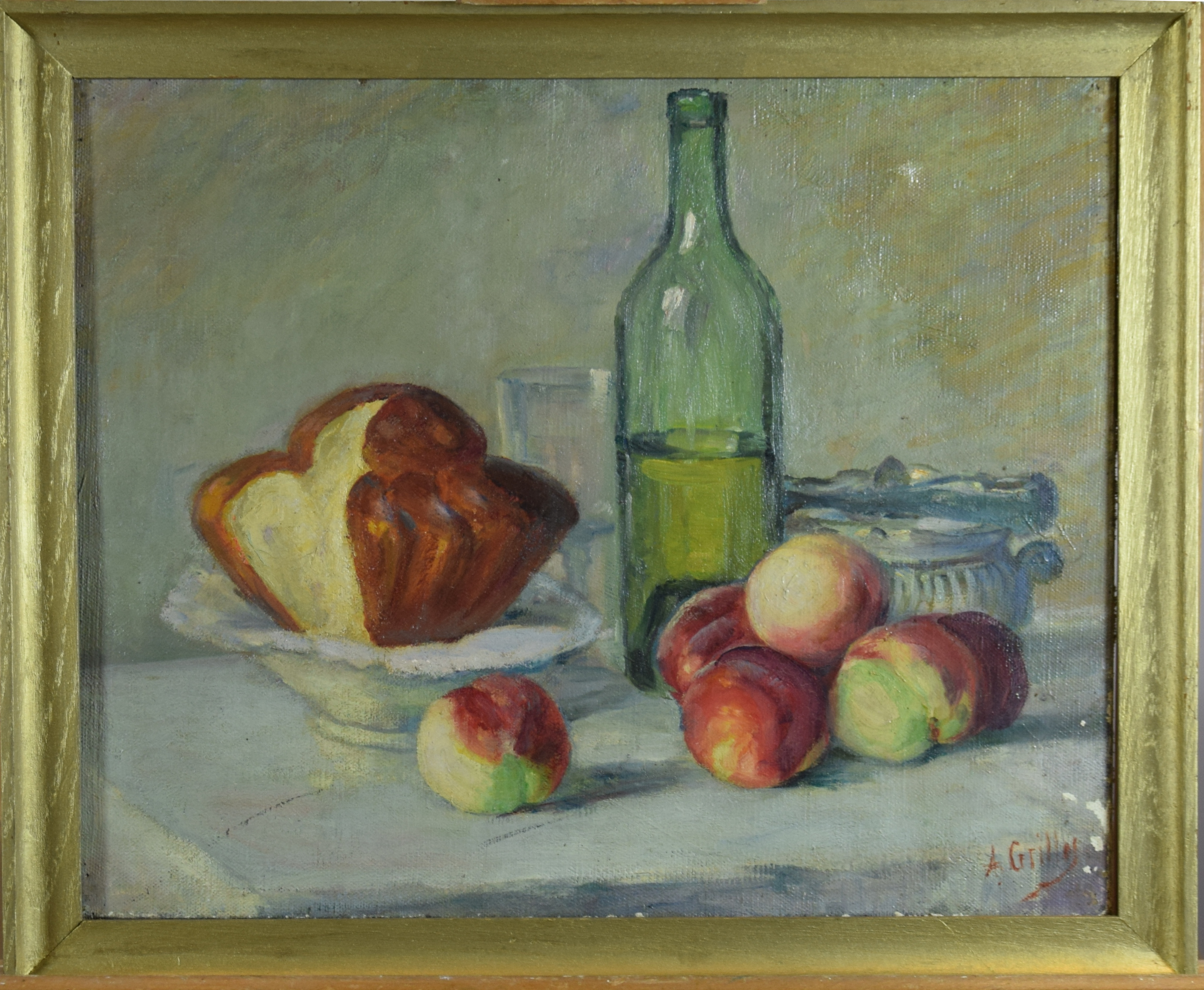 Nature morte à la brioche, pommes et bouteille, Alice Grillot, 20e siècle