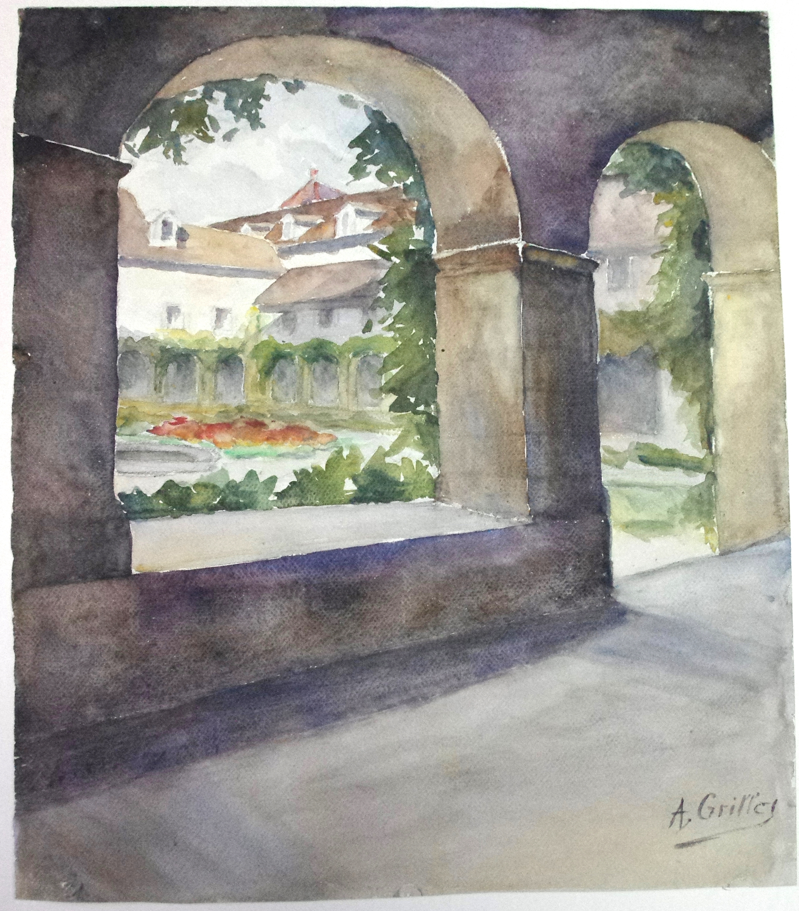Vue du cloître de l'Institution St Lazare à Autun (Face A recto Titre factice) ; Femme nue vue de dos (Face B verso Titre factice), Alice Grillot, 20e siècle