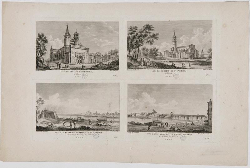 Quatre vues de Mâcon : Vue de l'église cathédrale, à Macon ; Vue de l'église de Saint-Pierre, à Macon ; Vue d'une partie du faubourg St-Laurent et du Pont de Mâcon ; Vue d'un reste de fortifications à Mâcon, et partie du Faubourg St. Laurent, Jean-Baptiste Lallemand, 1780 vers