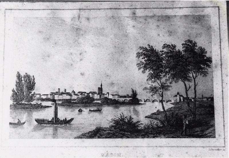 Vue de Mâcon de la rive est, vers 1838 (Extrait du Guide Pittoresque du voyageur en France, d'Eusèbe Girault de Saint-Fargeau.), Charles Rauch, 1838
