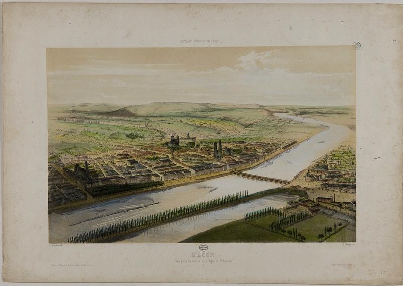 Mâcon, vue prise au dessus de la digue de St Laurent, Alfred Guesdon, 1852