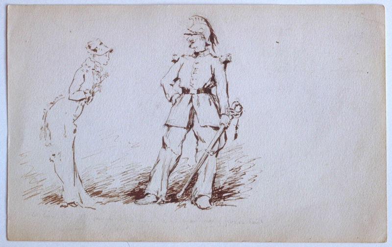 Scène militaire : caricature de deux personnages, Gaston Bussière, 1880 vers