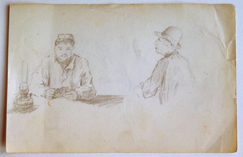 Joueur de cartes à la lampe à pétrole (recto) ; Etude de selle de cheval (verso)_0